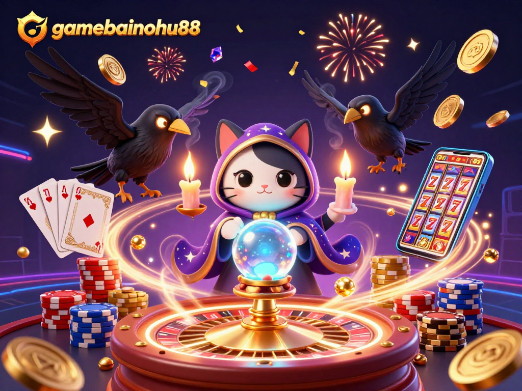 Spin to win with gamebainohu88, featuring an enchanting scene of a mystic cat, tarot raven, and vibrant casino elements.