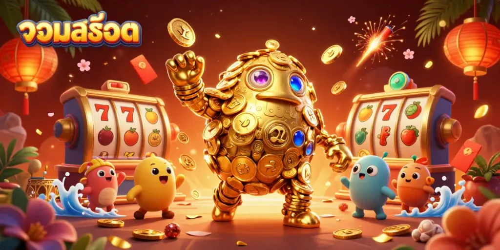 Experience thrilling gameplay with รวมสล็อต, featuring dynamic golden golem, slot symbols, and festive decorations.