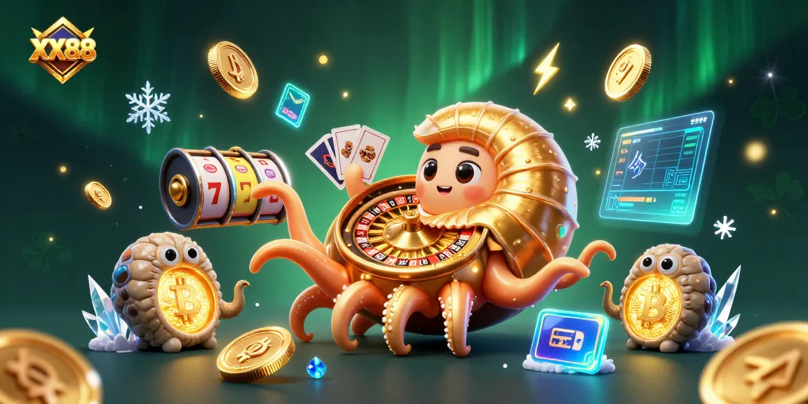 XX88 presents a vibrant 3D casino scene with a nautilus roulette wheel and glowing crypto coins.
