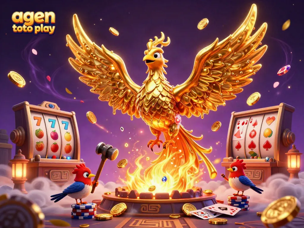 Experience the thrill of agen toto play with a golden phoenix, slot reels, and sparkling treasures.