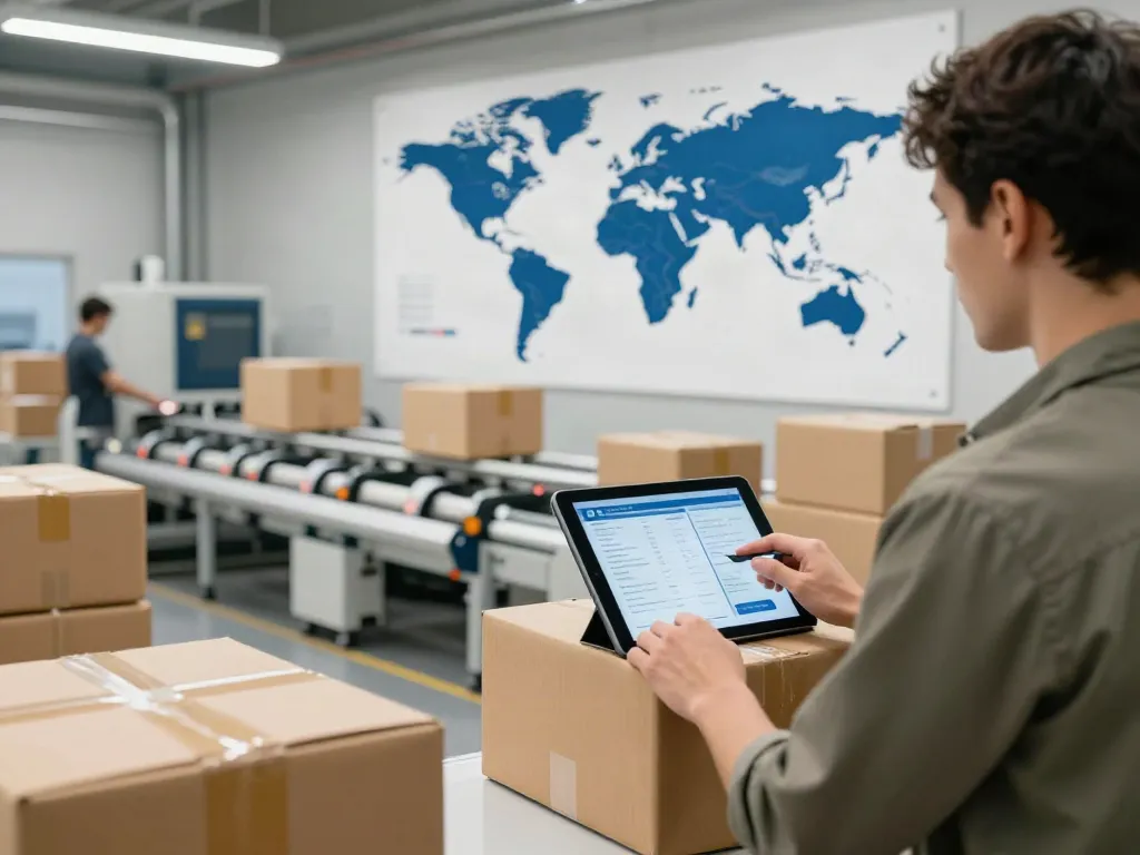 Efficient international parcel delivery operations depicted in a logistics center.
