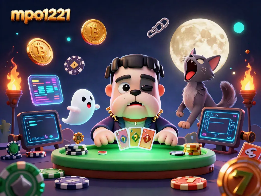 Engage in thrilling games at mpo1221 with a unique 3D illustration featuring dynamic characters and casino elements.