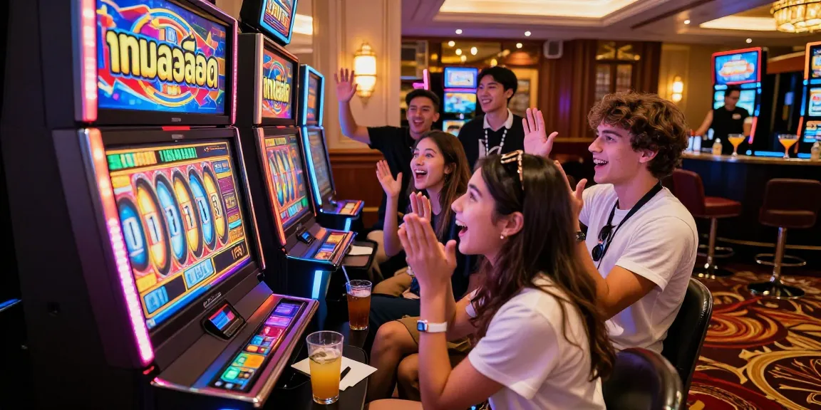 Friends enjoying the excitement of เกมสล็อต in a vibrant casino setting.