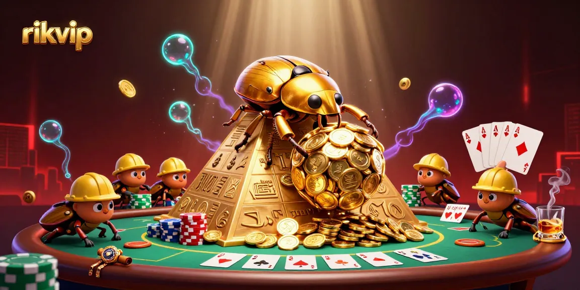 Experience thrilling gameplay with rikvip as golden beetles roll coins towards the casino pyramid.