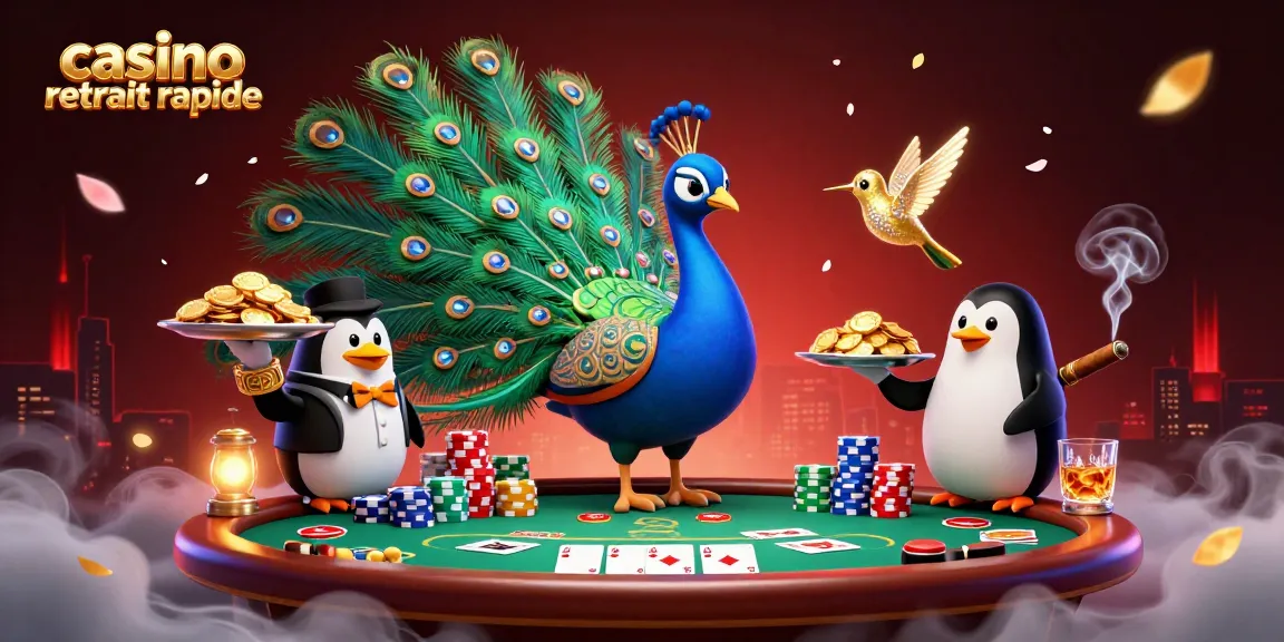 Gagnez rapidement avec le casino retrait rapide, illustré par un paon aristocratique et un pingouin majordome.