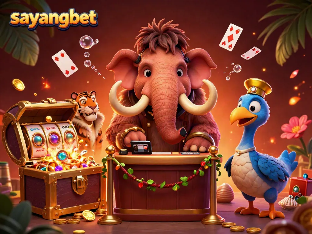 Experience fun at sayangbet with a vibrant, lively casino scene featuring unique characters.