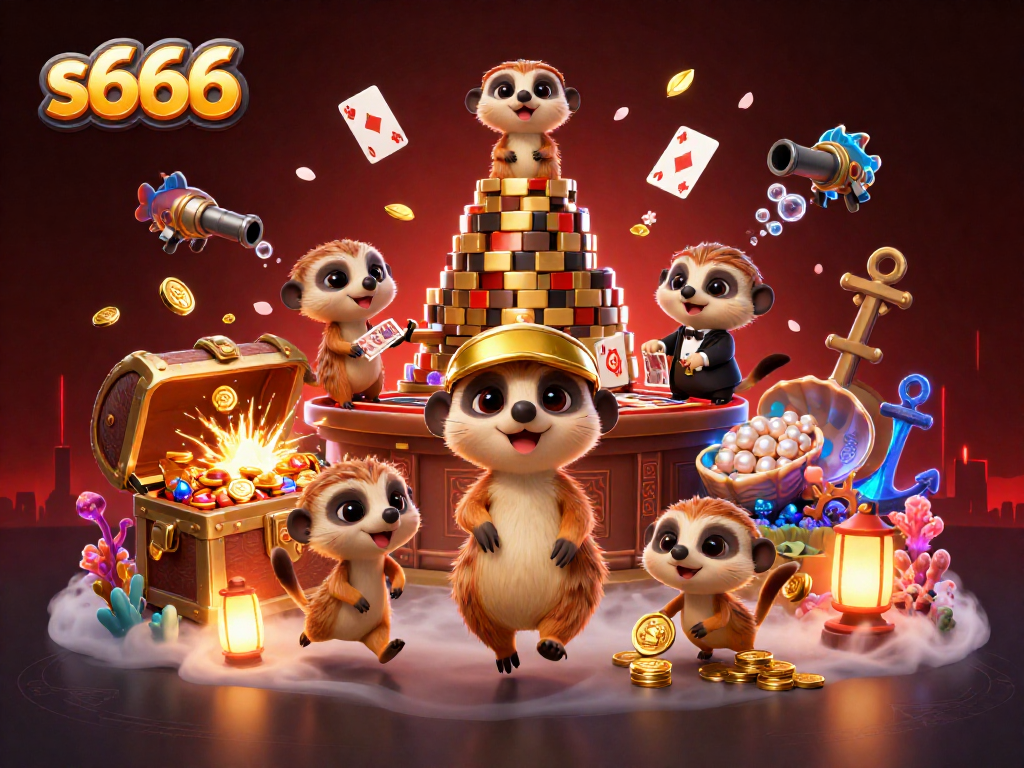 S666 casino scene featuring charming meerkats dealing cards and managing chips amidst floating casino elements.