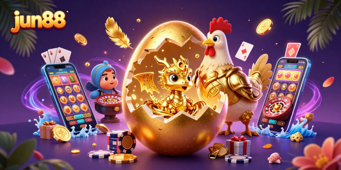 Play slots and win with jun88's vibrant casino game elements and golden dragon illustration.