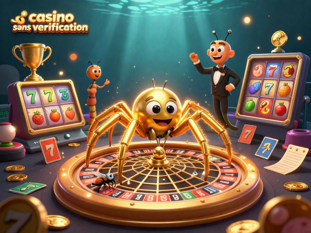 Gagnez des jackpots sur un casino sans vérification avec une araignée dorée animant un web de roulette.