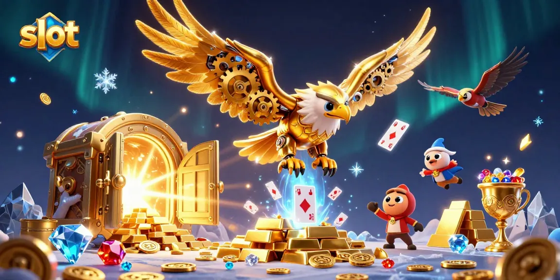 Experience thrilling slot action with a cybernetic eagle diving among golden treasures.