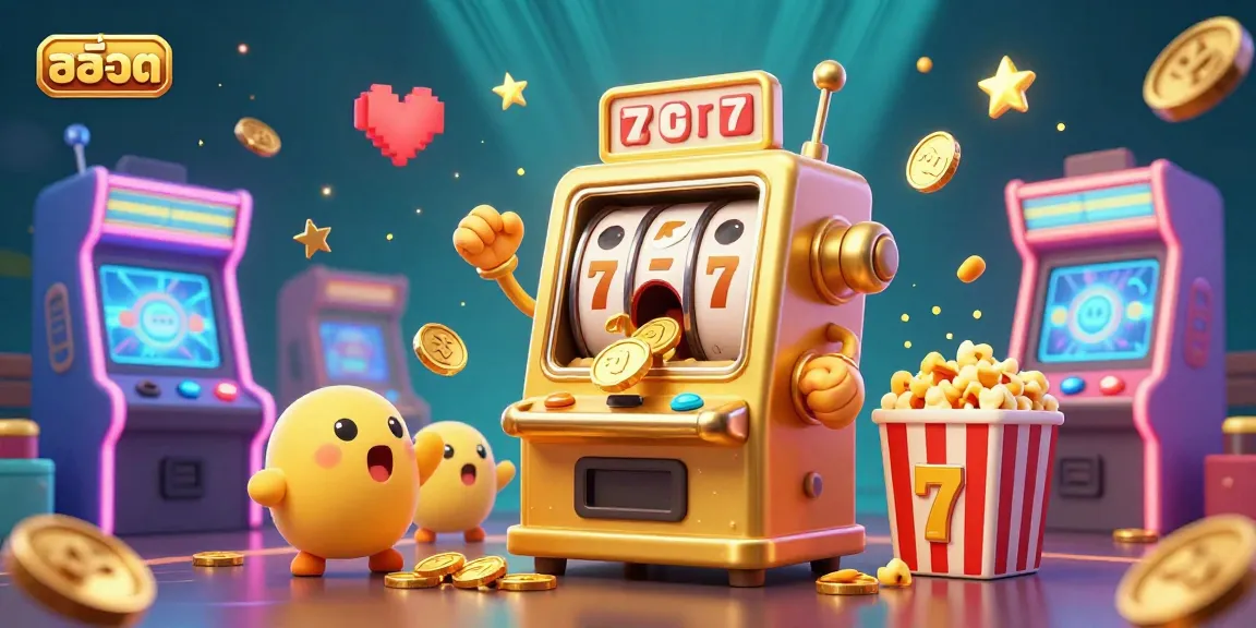 Win big with สล็อต as a golden slot machine celebrates a jackpot amidst cheering baby slots.