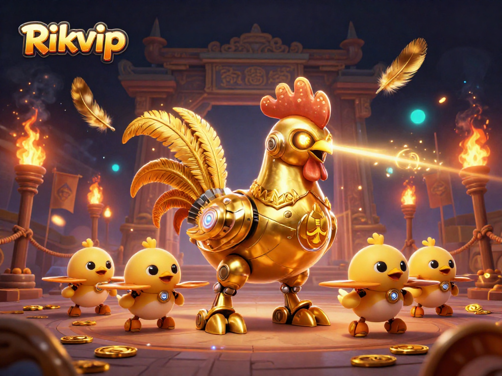 Engage with the thrilling world of Rikvip as golden rooster robots command an action-packed arena.