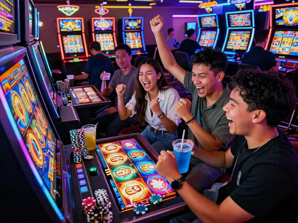 Friends celebrating a big win at a vibrant slot gacor machine in a lively casino.