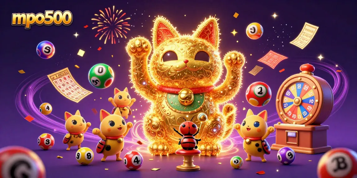 Experience the magic of mpo500 with a lucky cat and colorful casino symbols in a vibrant scene.