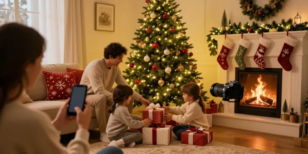 Family joyfully decorating a slim Christmas tree in a cozy living room.