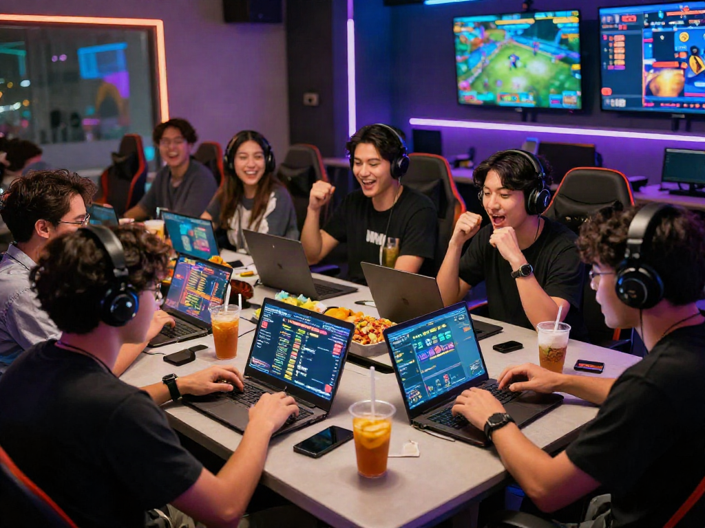 Exciting gaming scene where friends strategize on toto togel betting, lively atmosphere with laptops and snacks.