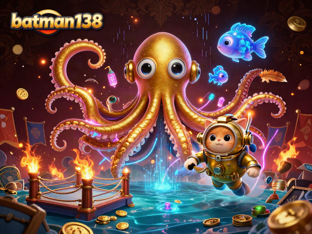 Experience batman138 with a thrilling 3D scene of a kraken, diving cat, and deep-sea fish in a vibrant casino
