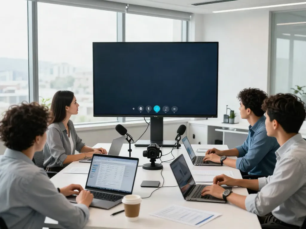 Deepfake protected Online Video Calls, Meetings and Conferencing in a modern office setting with a diverse team collaborating via secure technology.