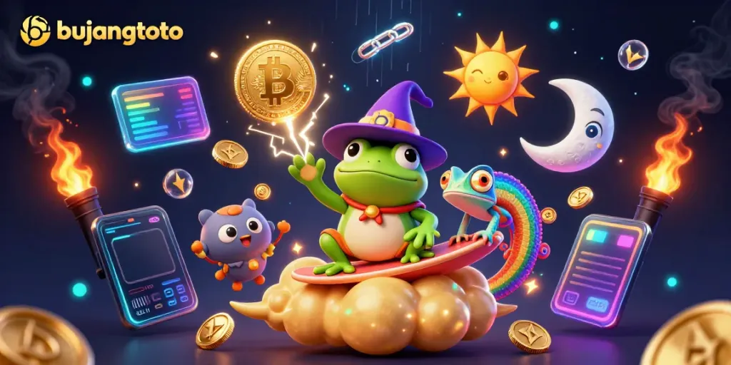 Bujangtoto unveiling a captivating storm of coins in a vibrant casino fantasy scene.