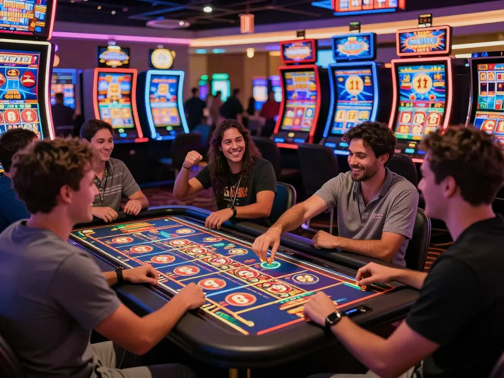 Pengalaman bermain slot777 di kasino modern dengan pemain ceria dan mesin slot berwarna-warni.