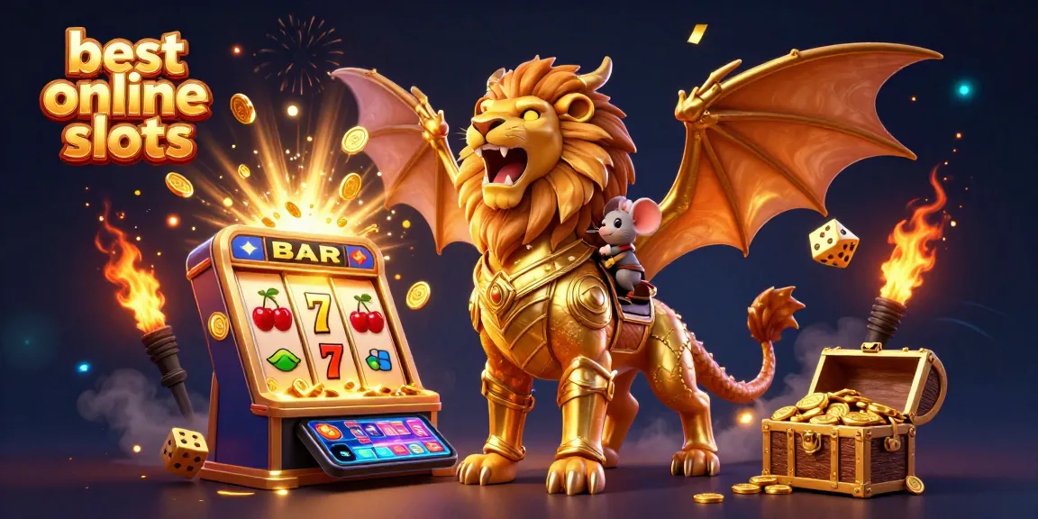 Experience the thrill of the best online slots with our vibrant 3D casino illustration featuring a golden chimera and bursting slot machine.