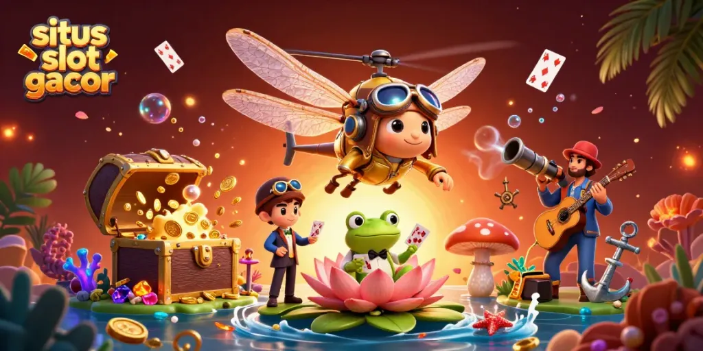 Menghadapi situs slot gacor, seorang croupier katak sedang membagikan kartu di kasino lily pad yang ceria.