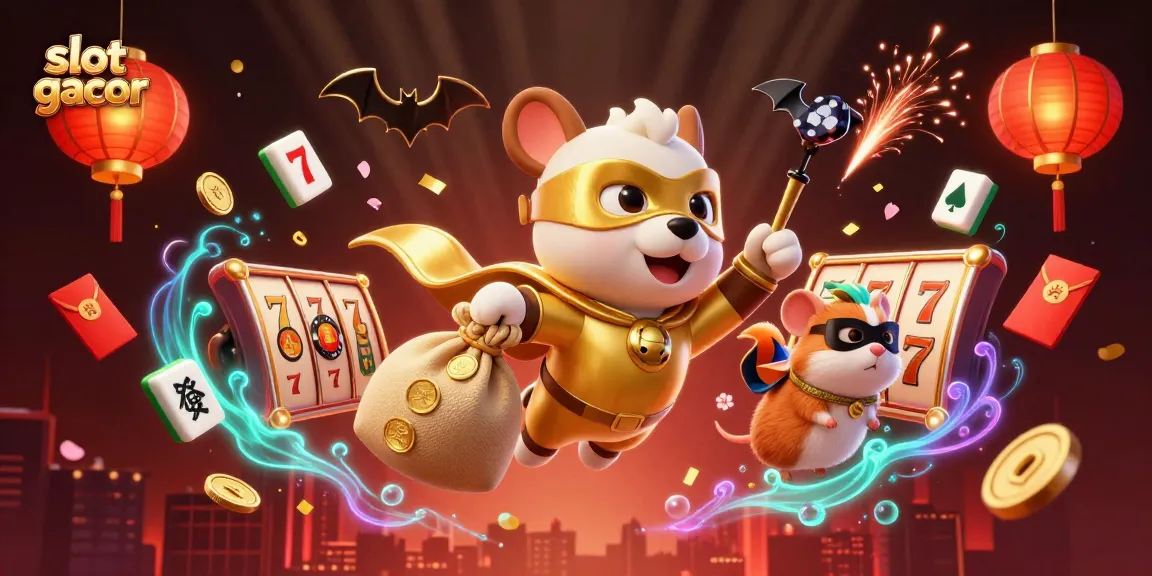 Experience the thrill of slot gacor with a vibrant superhero-themed 3D illustration featuring heroes and casino elements.