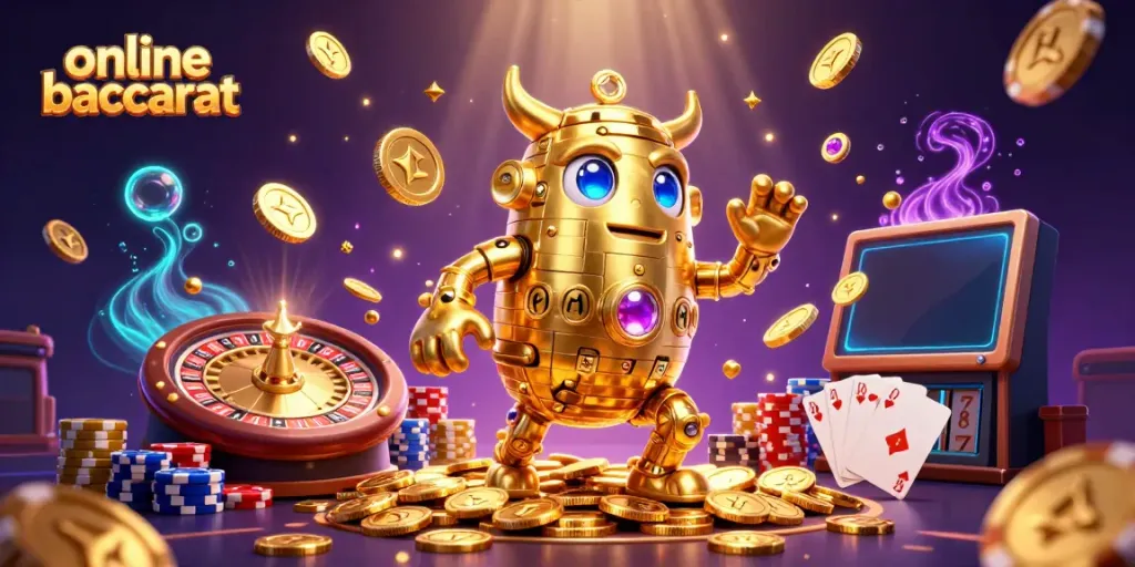 Experience the thrill of online baccarat with our vibrant, dynamic illustration showcasing a glowing golden golem and casino elements.