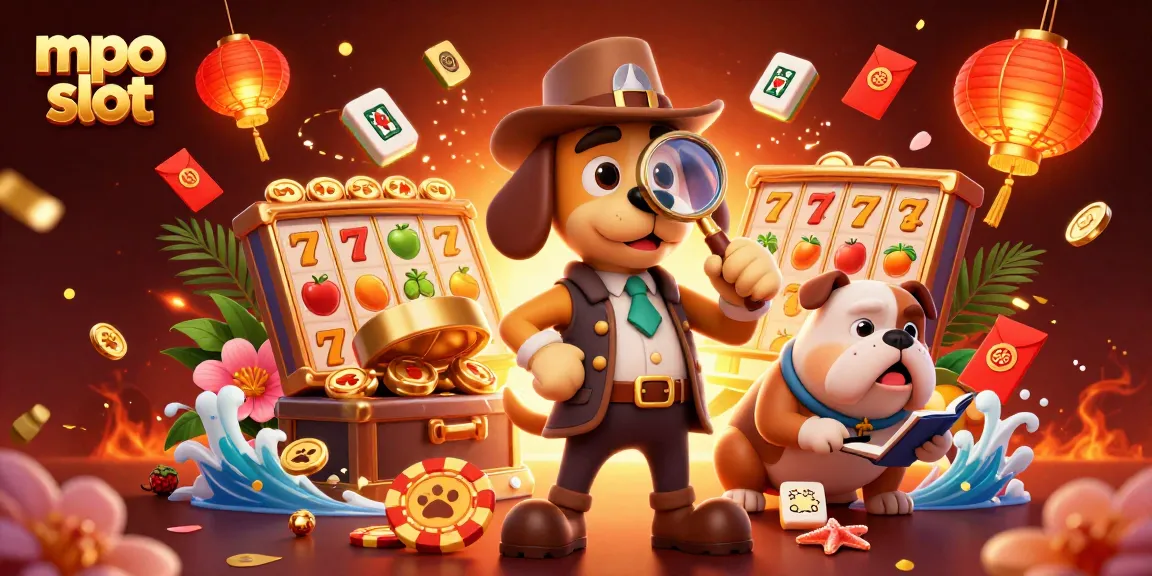 Engage with mpo slot themed 3D illustration featuring a detective discovering clues among vibrant gaming elements.