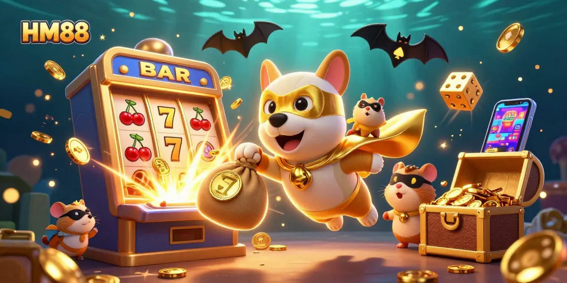 HM88 casino features a superhero dog with a gold coin bag and dynamic game elements.
