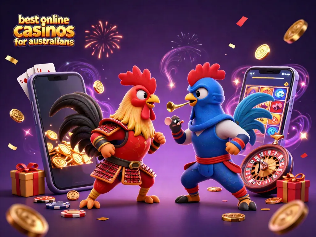 Engaging illustration showcasing dynamic roosters symbolizing the best online casinos for australians with a vibrant casino theme.