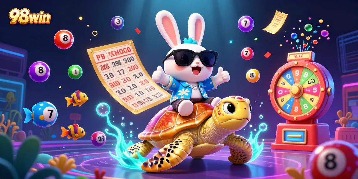 Engage in exciting games at 98win with a vibrant underwater scene featuring a lucky rabbit and a golden sea turtle.