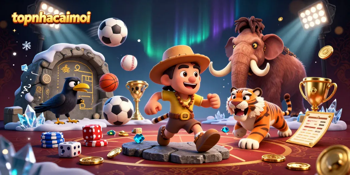 Topnhacaimoi features a cartoon caveman casino scene with dynamic sports betting elements.
