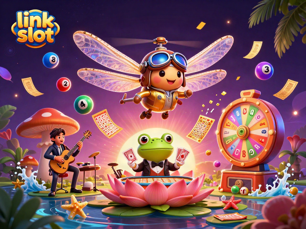 Engage with the excitement of link slot gaming in this vibrant 3D casino illustration.