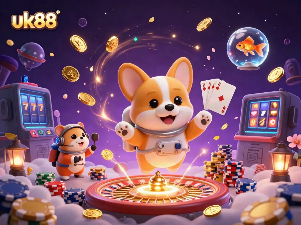 Experience excitement with uk88 as a corgi astronaut navigates a casino in zero gravity.