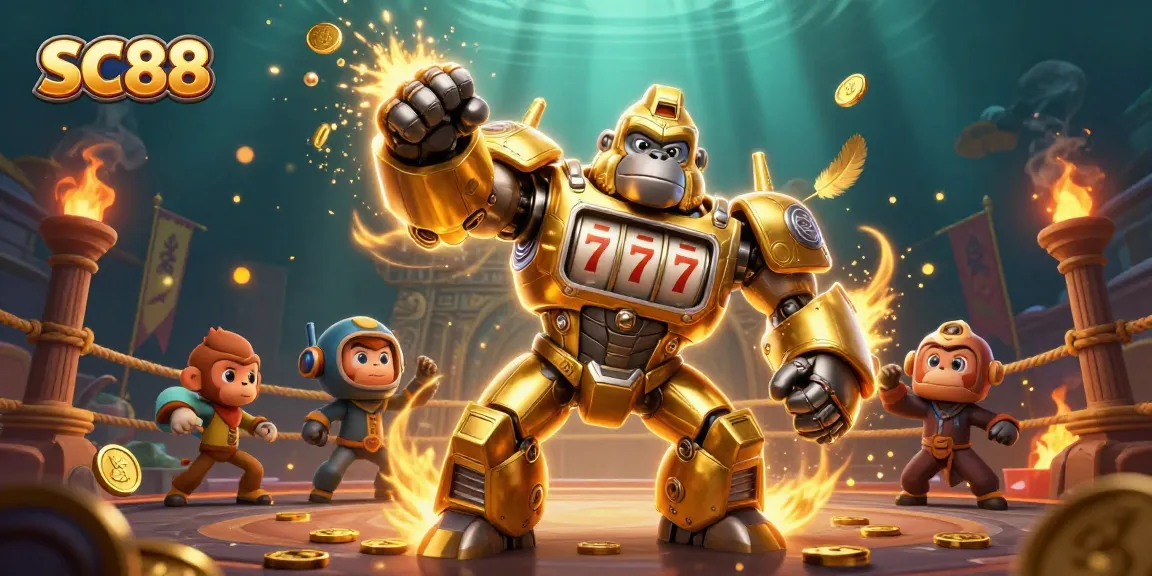 Join SC88 for an electrifying gaming experience with a golden gorilla mech and slot reels!