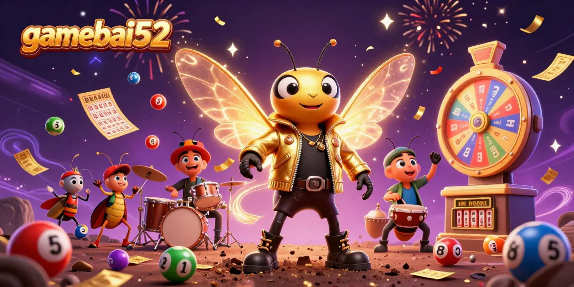 Experience thrilling gameplay at gamebai52 with a vibrant illustration of a casino rock star scene.