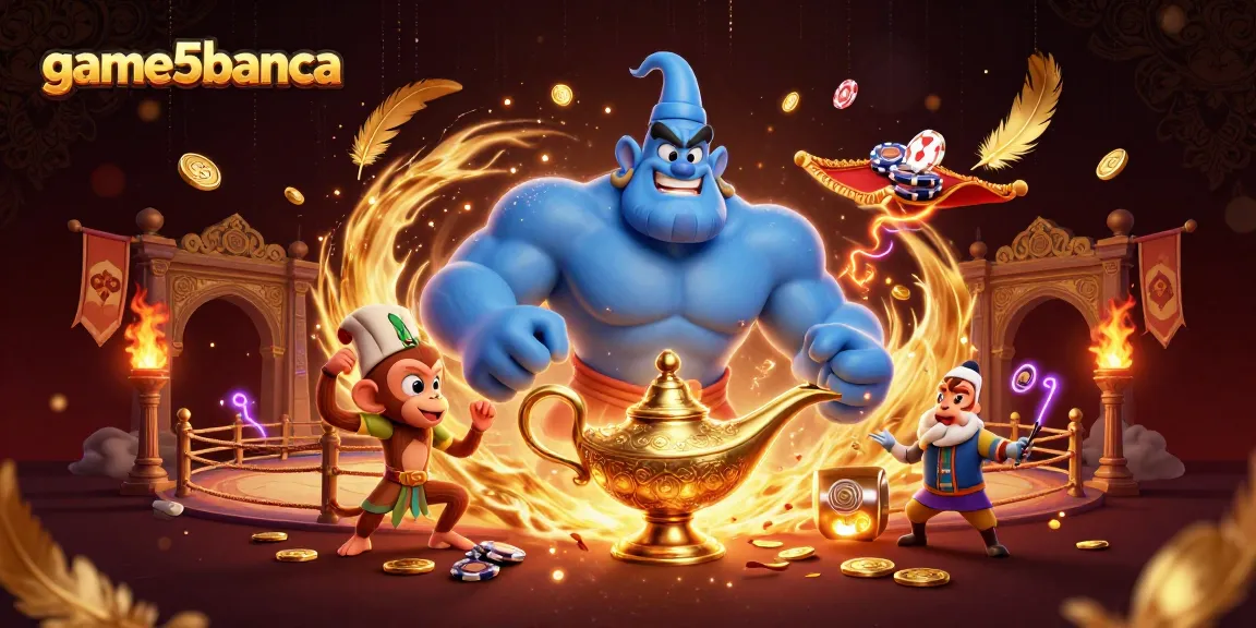 Experience the thrill with game5banca in a vibrant 3D genie and monkey scene surrounded by casino elements.