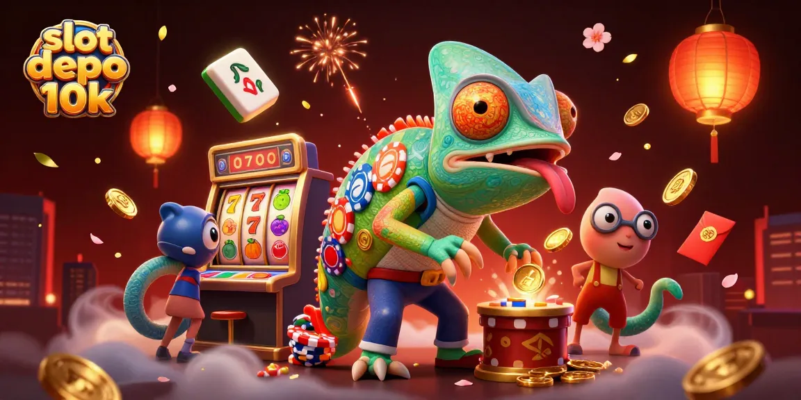 Mengalami keseruan slot depo 10k dengan gambar chameleon kasino berwarna cerah yang mengawasi mesin slot sambil mengumpulkan koin emas.