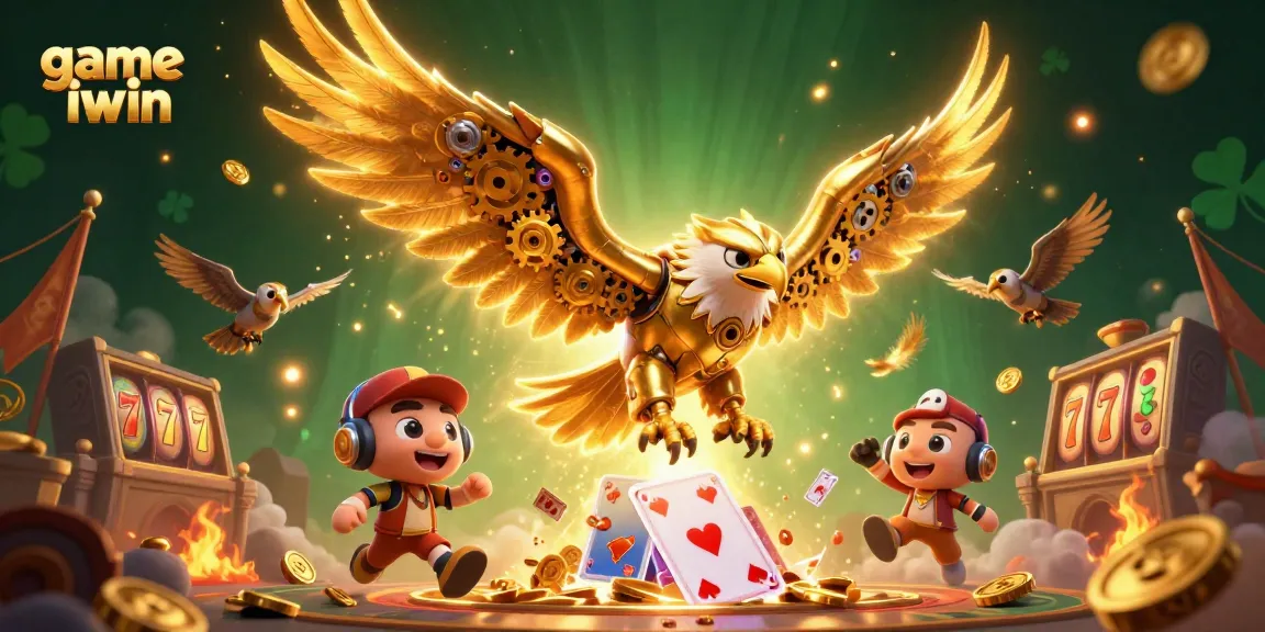 Experience thrilling gameplay with game iwin, featuring a cybernetic eagle amidst rich casino scenes.
