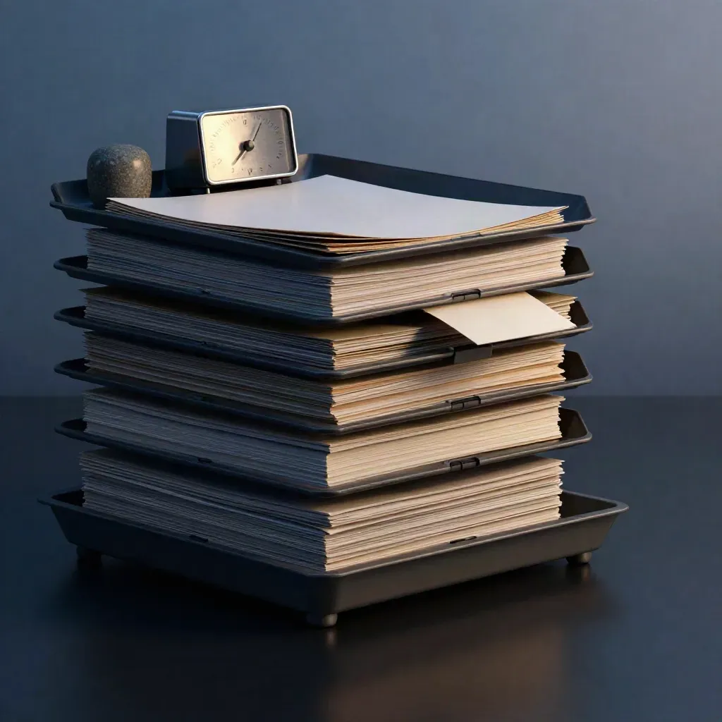Graphite task trays, folders, timer and paperweight in a dramatic studio still life