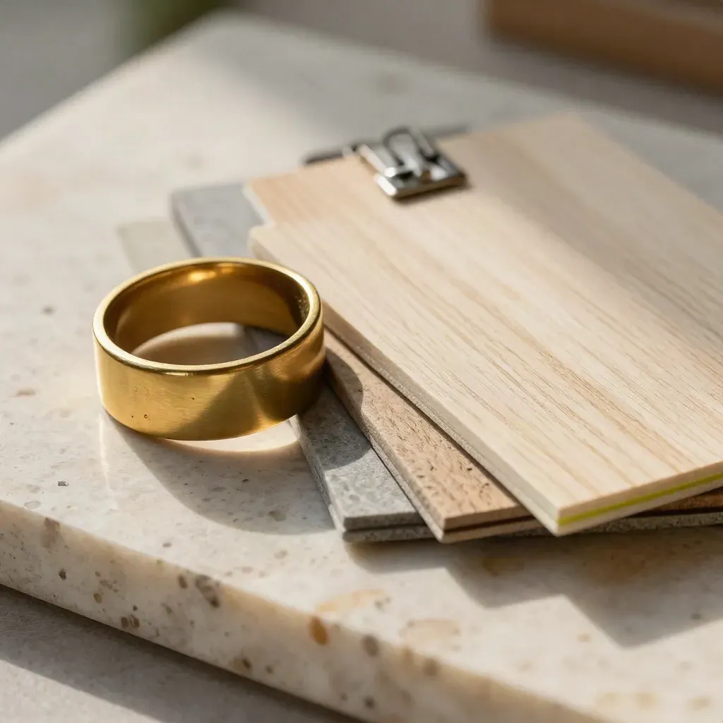 Stone sample ring with pale wood veneer swatches and brass clip on travertine.