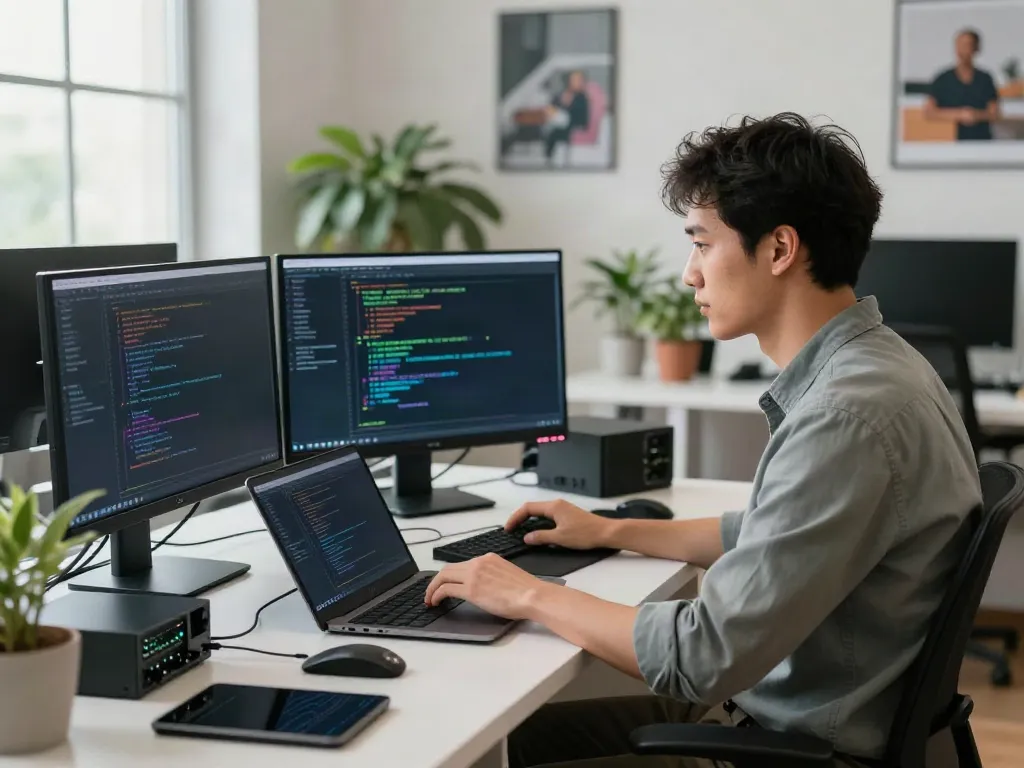 Cybersecurity analyst examining anonymous data on multiple monitors in a modern workspace.