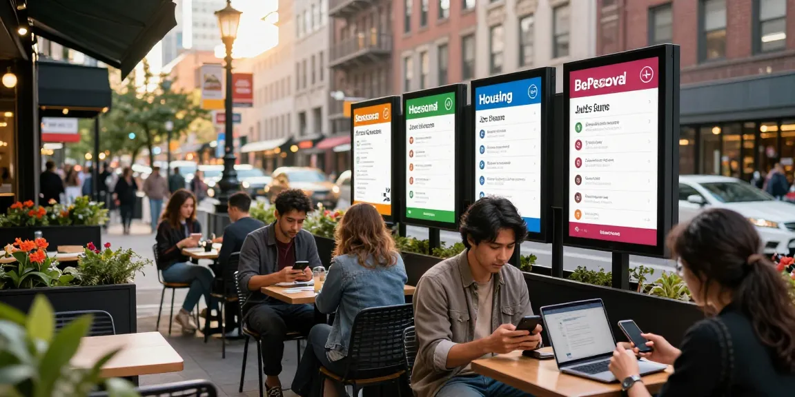 BedPersonal local classifieds scene with diverse users engaging in city environment.