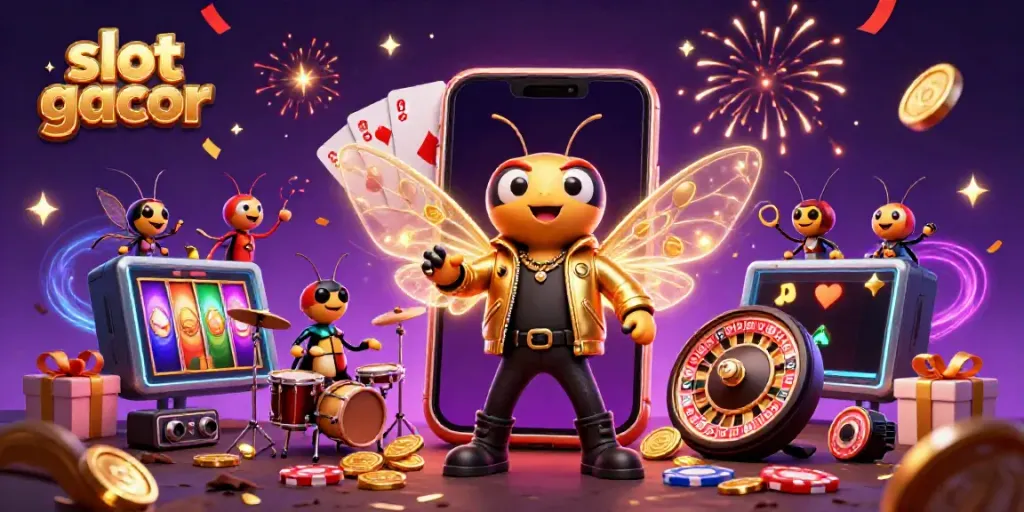 Gambarkan slot gacor dengan cicada rock star dan drummer, dikelilingi elemen permainan kasino.