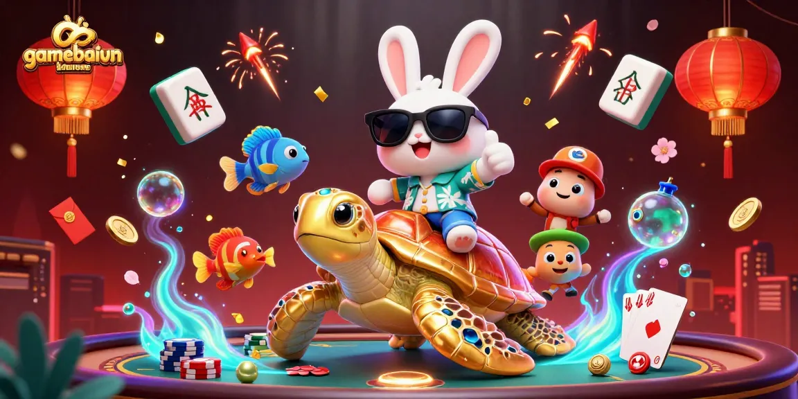 Gamebaivn poker scene with a lucky rabbit and golden turtle in a vibrant, dynamic casino environment.