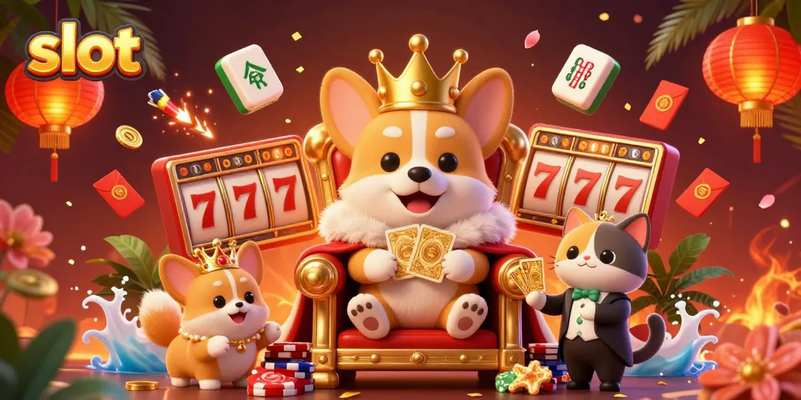Spin and win at slot games with our royal corgi surrounded by jackpot symbols and festive decor.