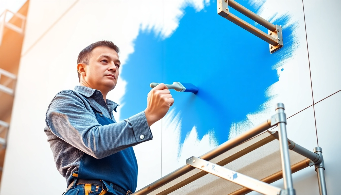Skilled commercial painter enhancing an office building with fresh blue paint.
