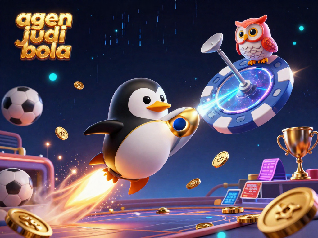 Engage in exciting agen judi bola betting with thrilling visuals of sports elements and a golden penguin