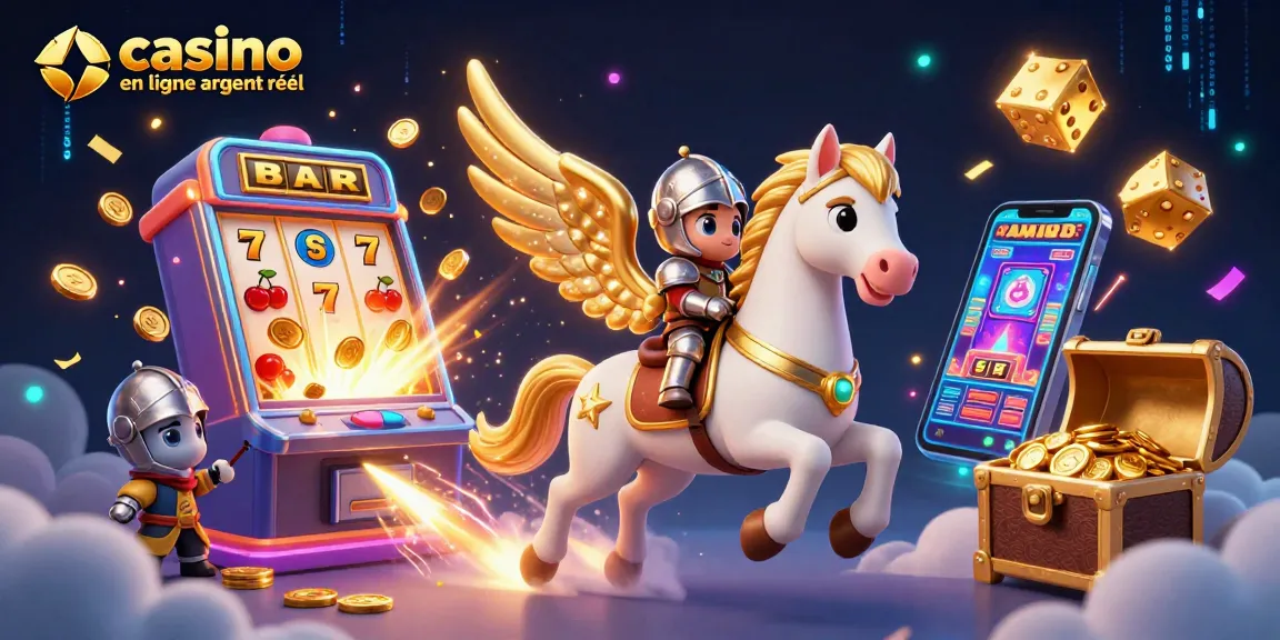 Découvrez le casino en ligne argent réel avec une scène dynamique de jeux et de gagnants entourés de jackpots et d'effets lumineux.